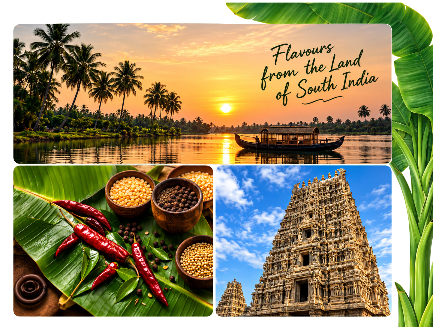 Godavari river sunset, spices on banana leaf and a temple gopuram, framed by banana leaves